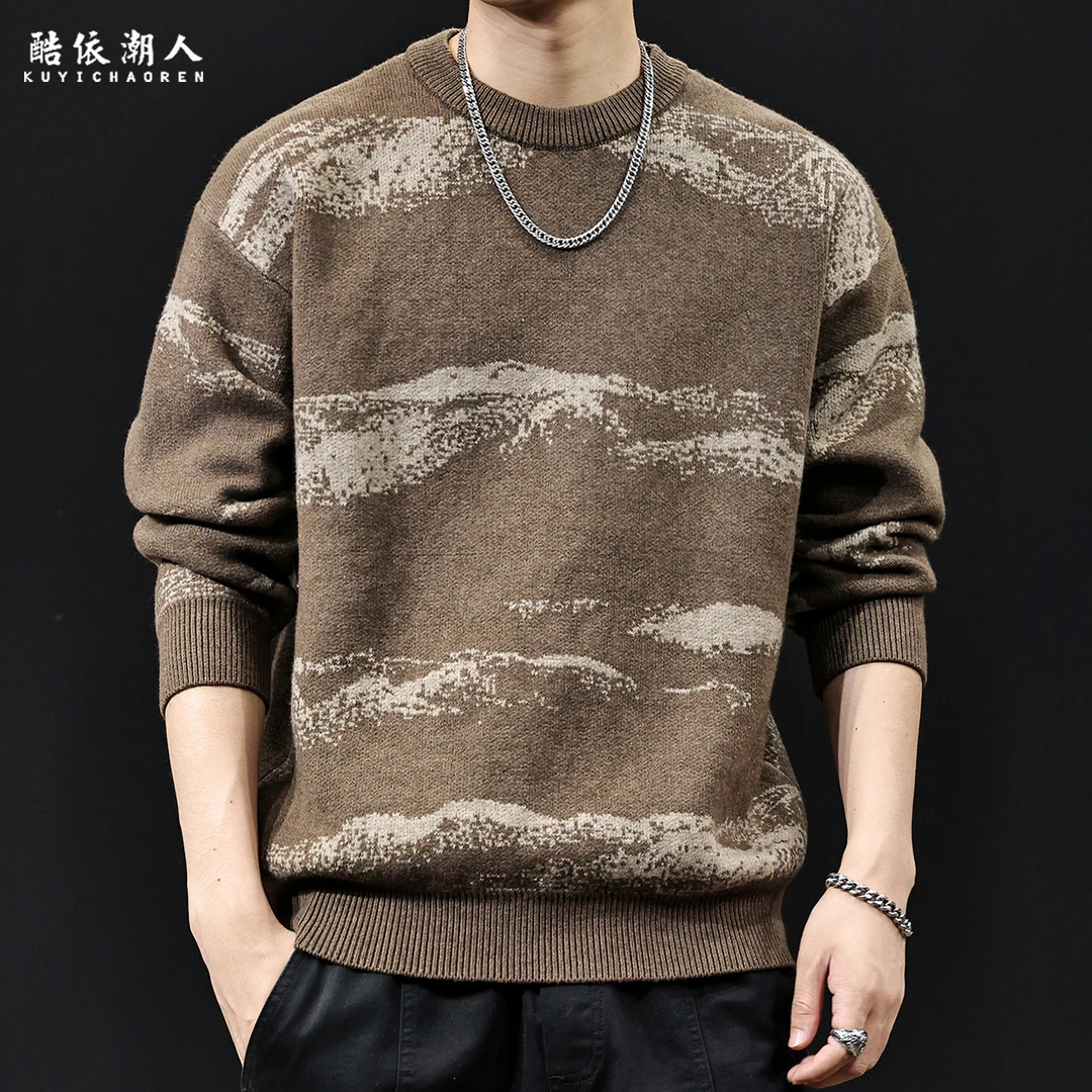 酷依潮人山水纹理感重磅晕染撞色毛衣男秋冬2025新款保暖针织大码