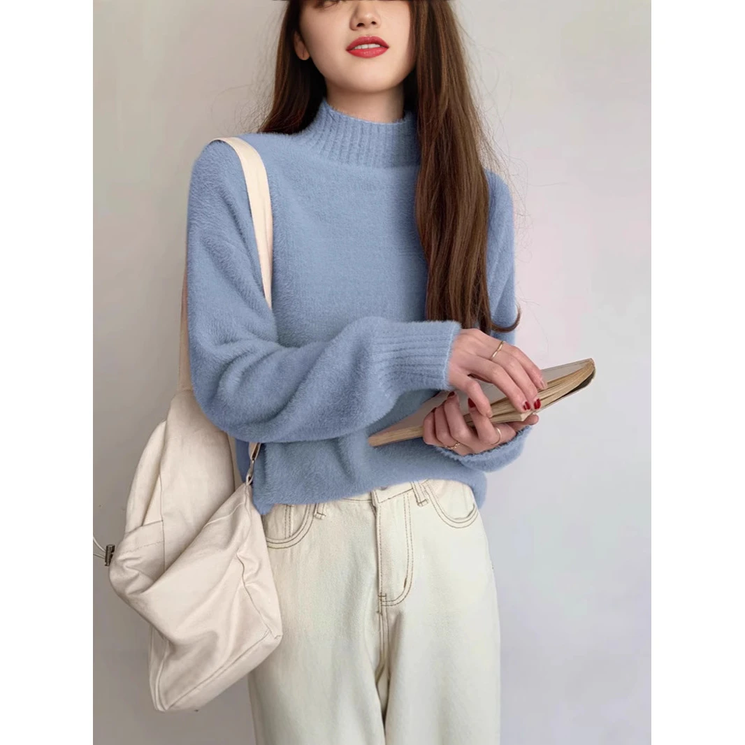 半高领慵懒风仿水貂毛毛衣女秋冬新款加厚打底衫宽松针织上衣