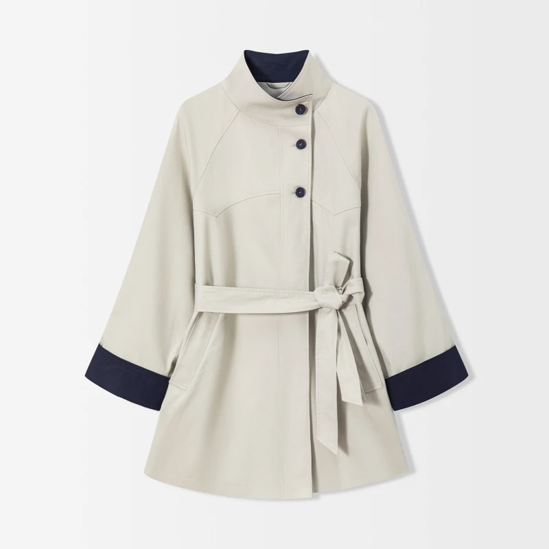 立领女中长款秋季经典挺括女风衣翻领收腰系带富婆风EE11851M