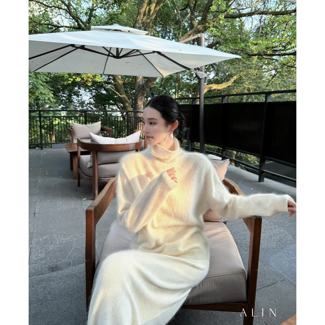 阿琳ALIN【在云端】拉毛羊绒高领白色毛衣羊毛针织衫上衣女AL5GBS12