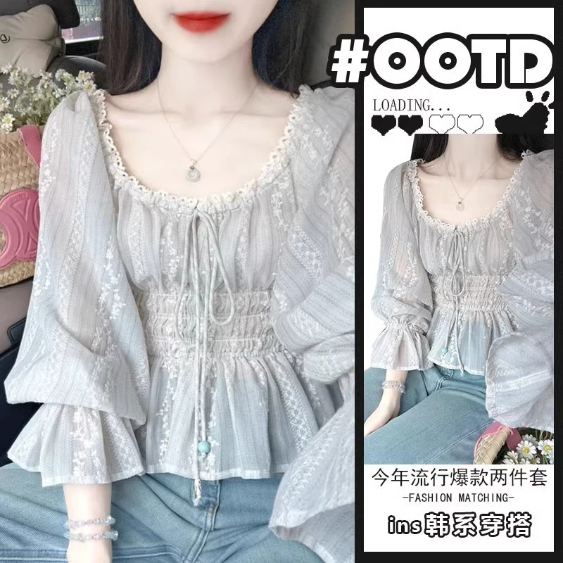 清仓处理单件/2025春夏新款法式赫本风设计感小众方领衬衫女高腰