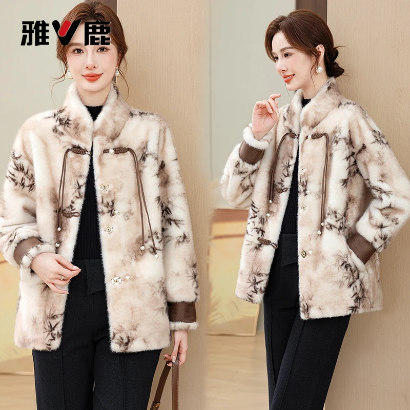 雅鹿品牌正品新中式妈妈秋冬外套2025中老年冬装皮毛一体大加厚