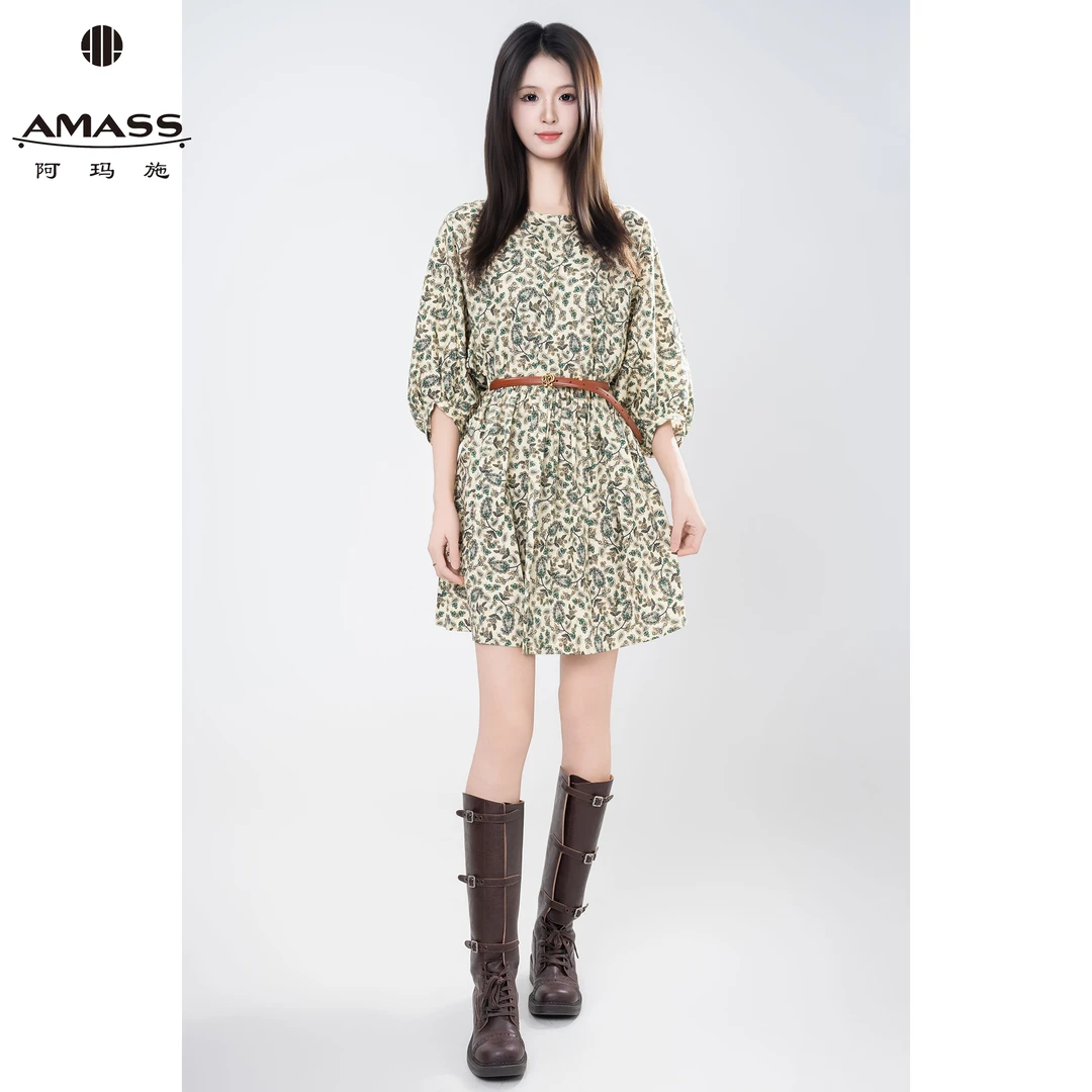 AMASS/阿玛施早秋新款复古印花法式宽松圆领泡泡袖连衣裙女550019
