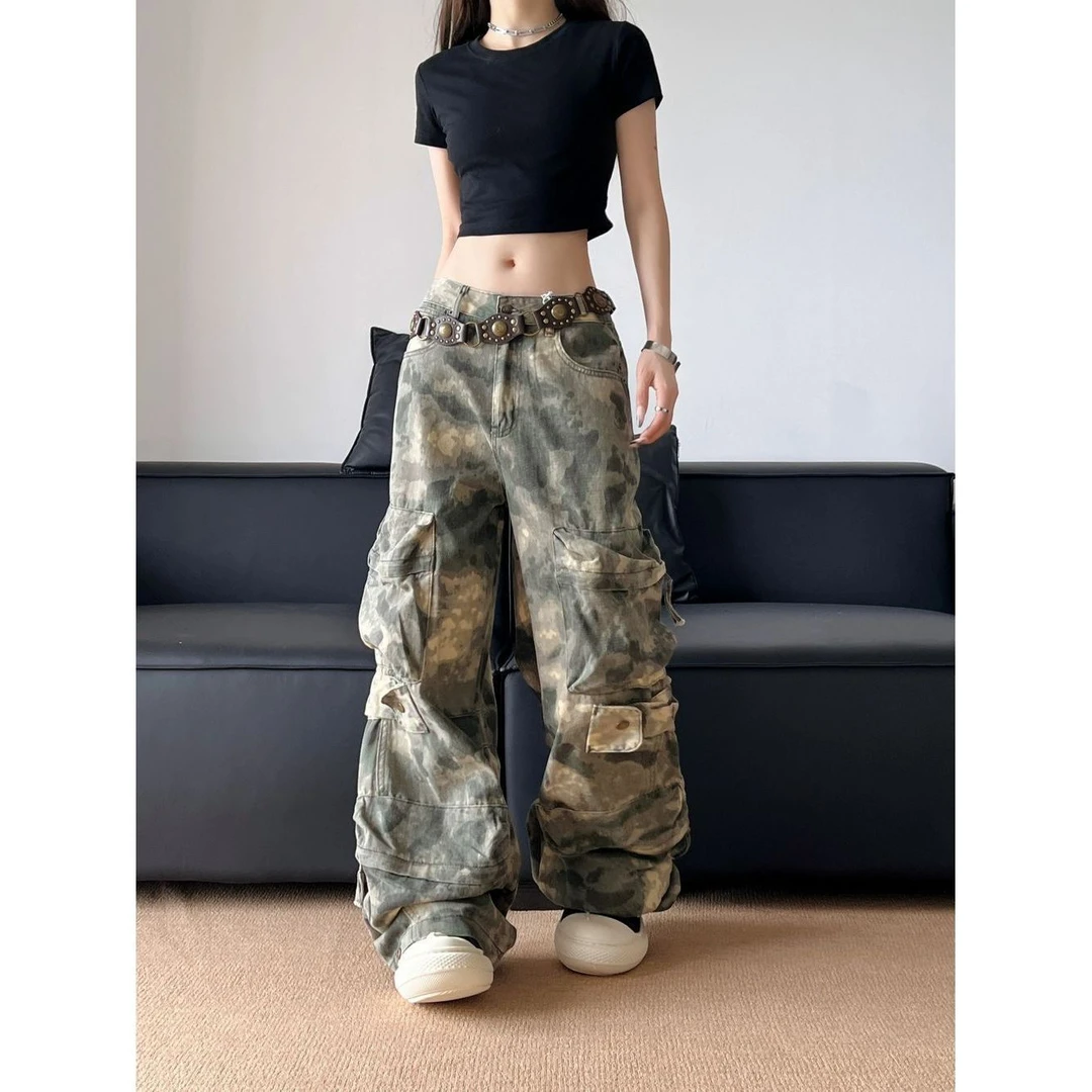 NEISHA春秋季美式复古迷彩工装裤女宽松重工街头vibe阔腿休闲裤子