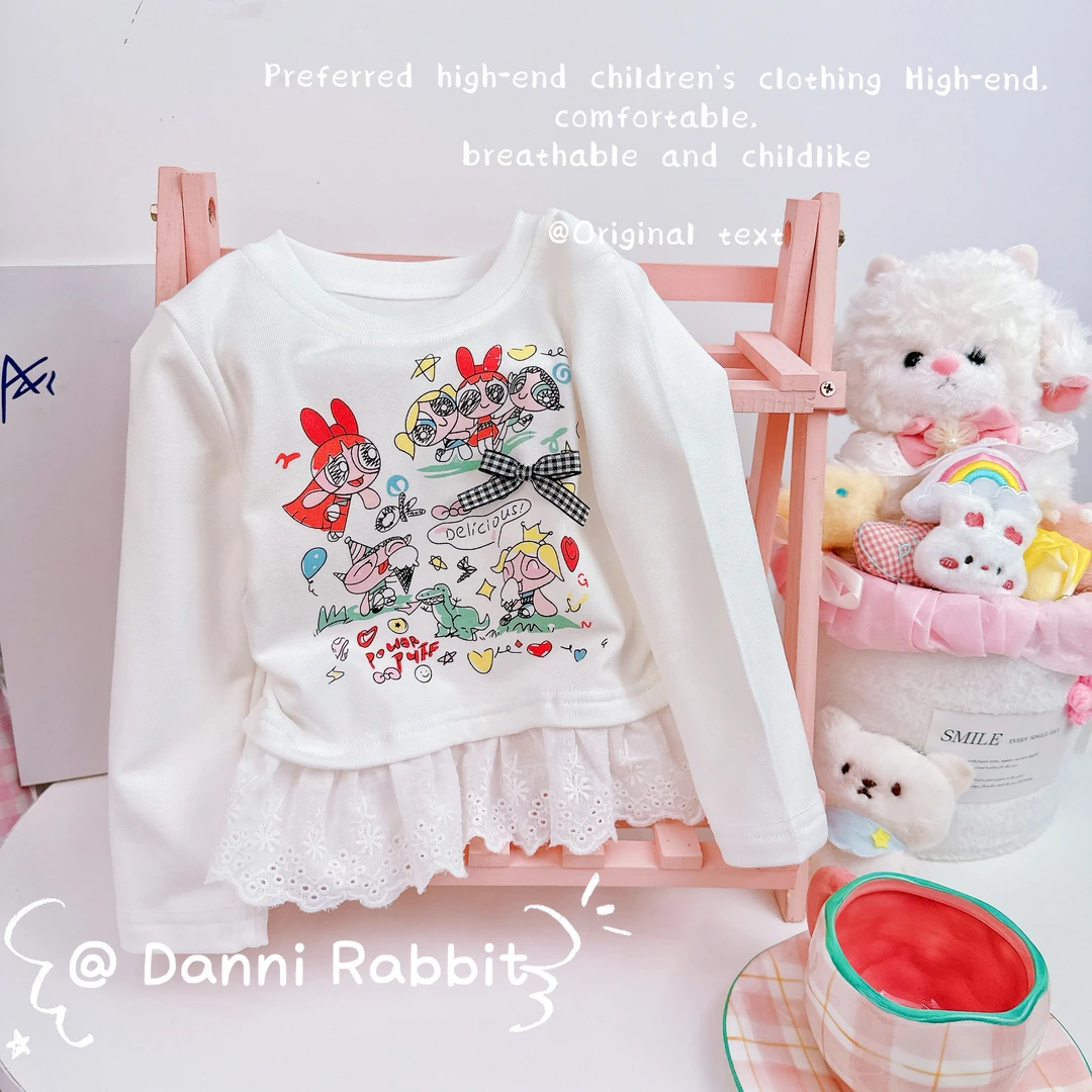 「Dannirabbit」【甜美】可爱印花+蕾丝花边女童打底衫【G-6871】