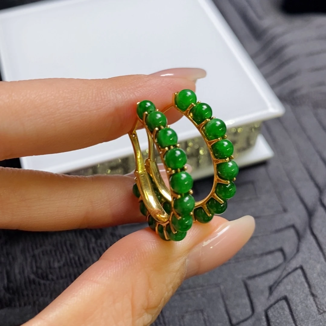 翡翠18K金镶嵌耳饰绿珠珠耳包