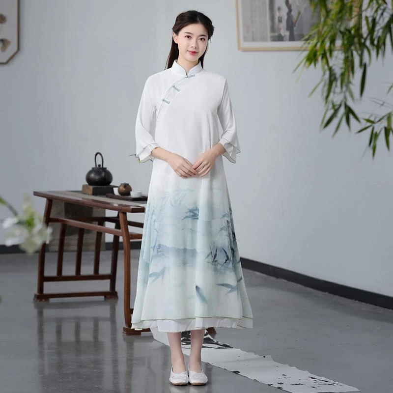 春秋款民族风茶服复古汉服水墨渐变印染中式旗袍很仙长裙连衣裙