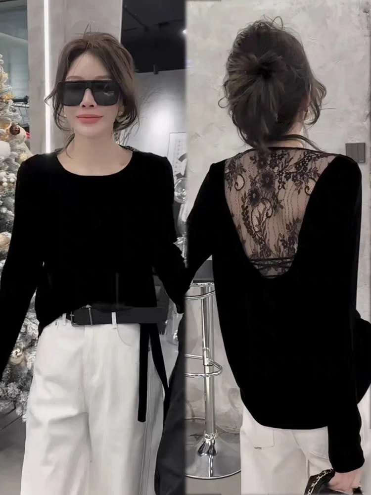 2025新款春秋气质洋气时尚百搭媚媚拼接蕾丝打底衫
