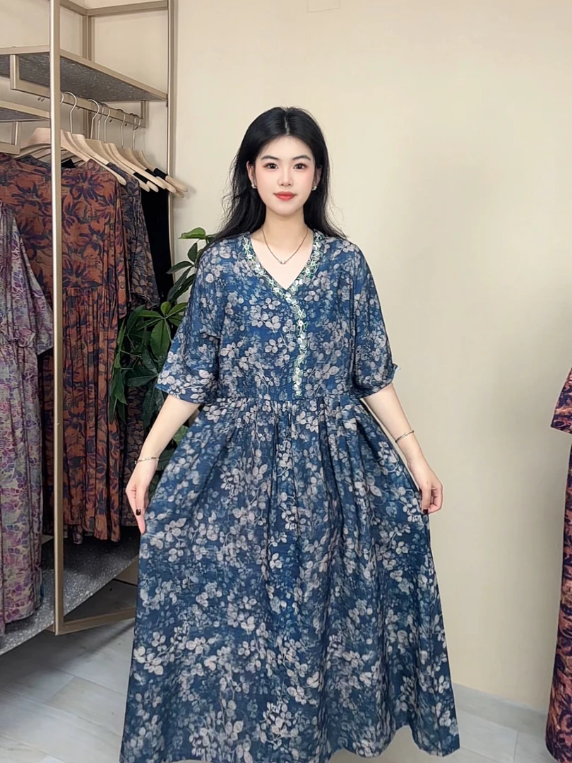 【ZYR】原创复古印花高级连衣裙女高端品质轻薄宽松大码长裙8801