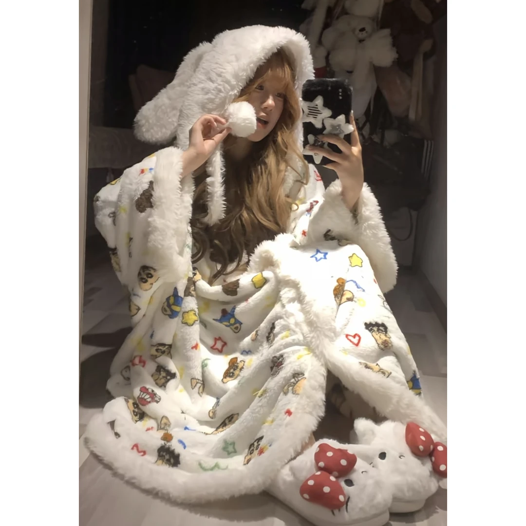 日系趣味蜡笔小新连帽睡袍加绒加厚可爱卡通睡裙套装可外穿家居服