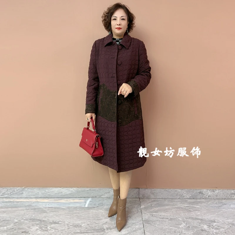 秋冬新款薄棉保暖翻领大衣女中长款压格设计夹棉外套中老年妈妈装