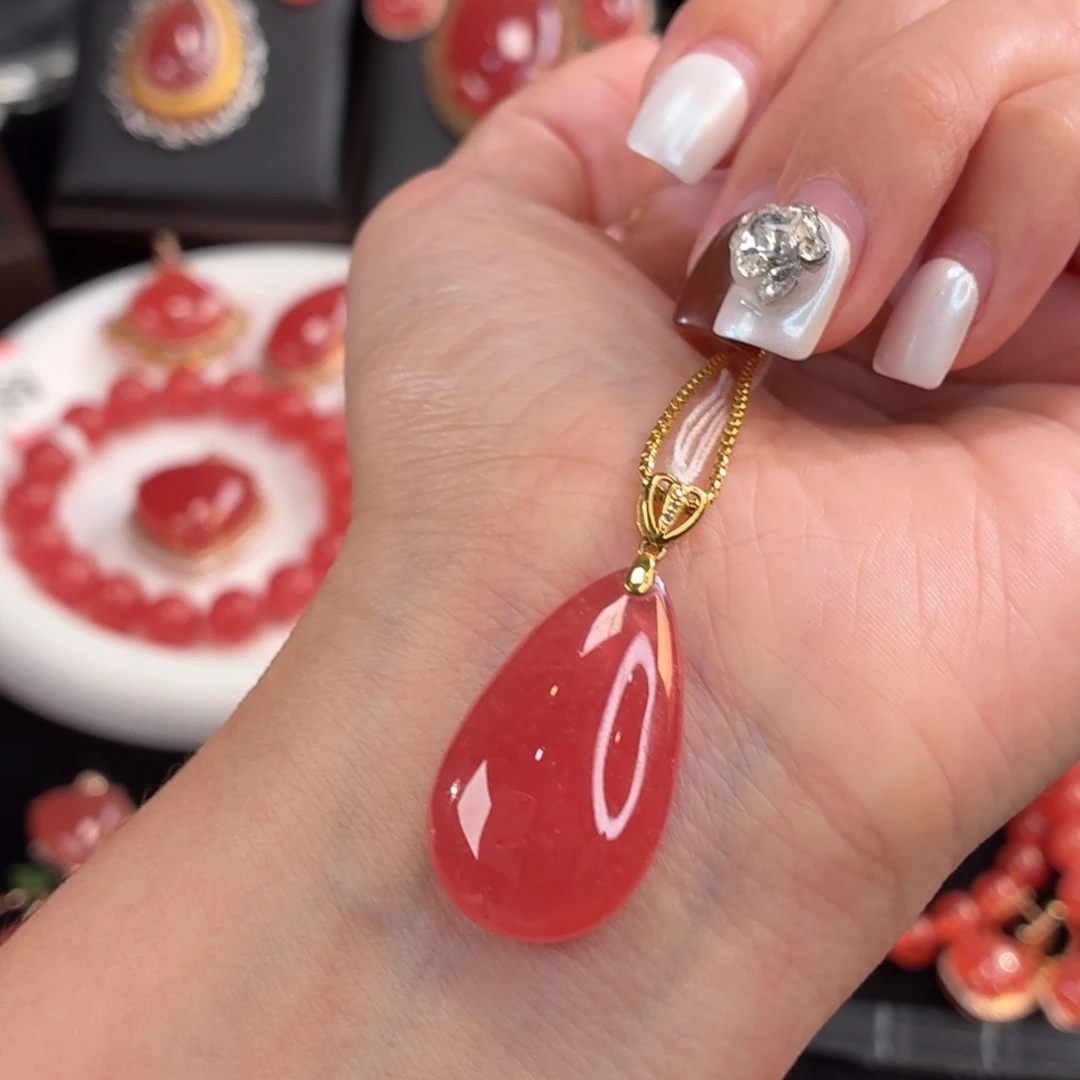 菱锰矿（红纹石）18K金镶嵌吊坠(赠链)