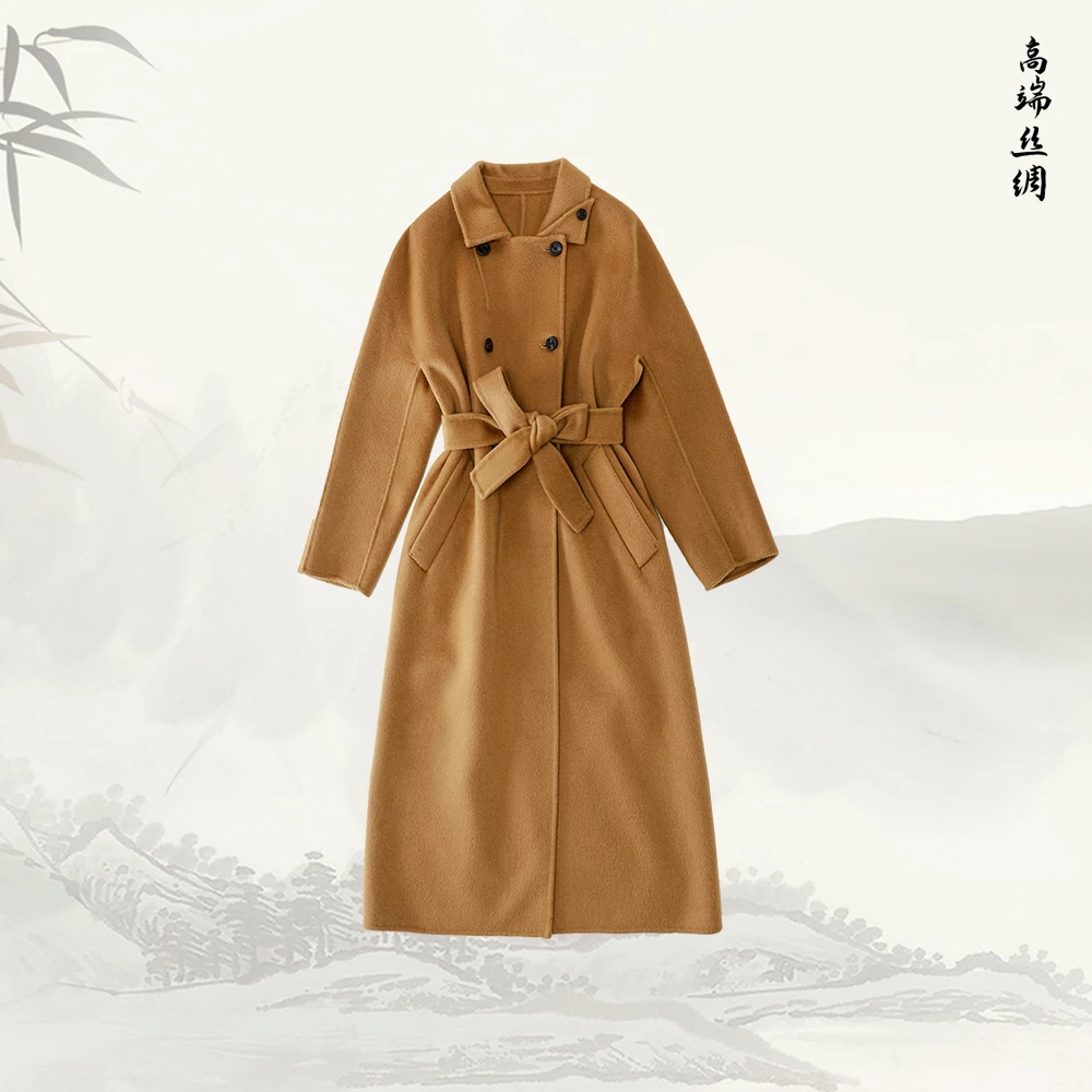 新款羊绒羊毛排扣双面翻领秋冬长款系腰带大衣53203