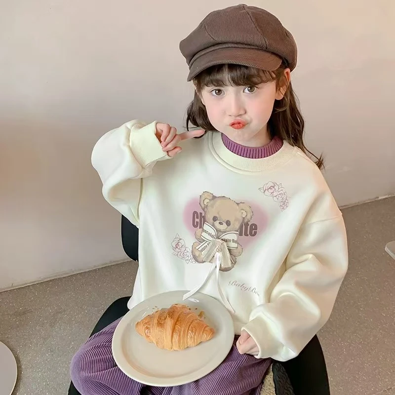 女童加绒卫衣冬装2024新款洋气儿童秋冬款加厚小女孩冬季圆领上衣