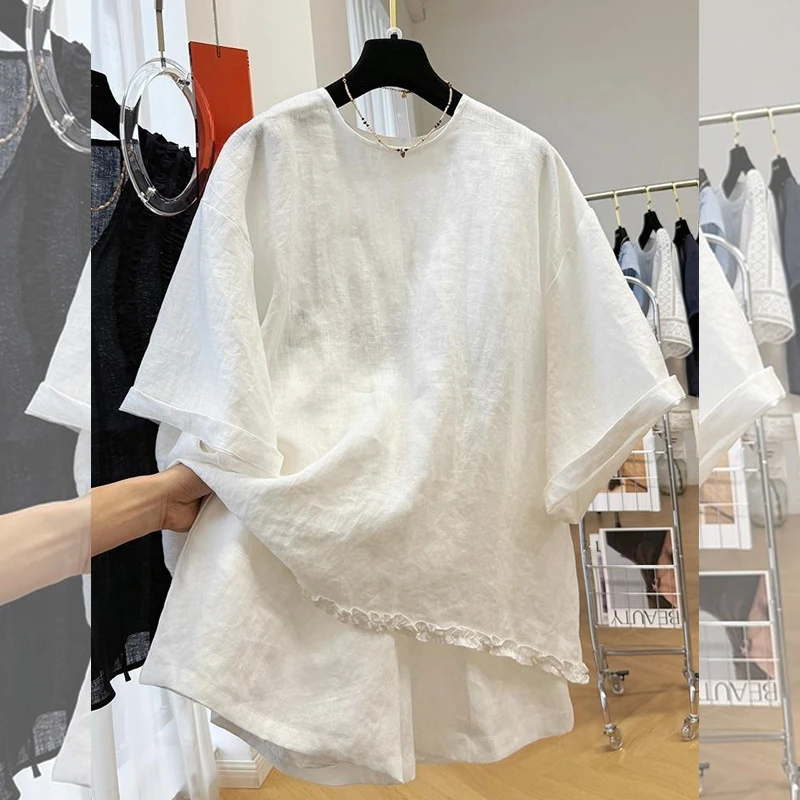 夏季新品慵懒风亚麻大码套装上衣短裤穿搭木耳边女两件套休闲宽松