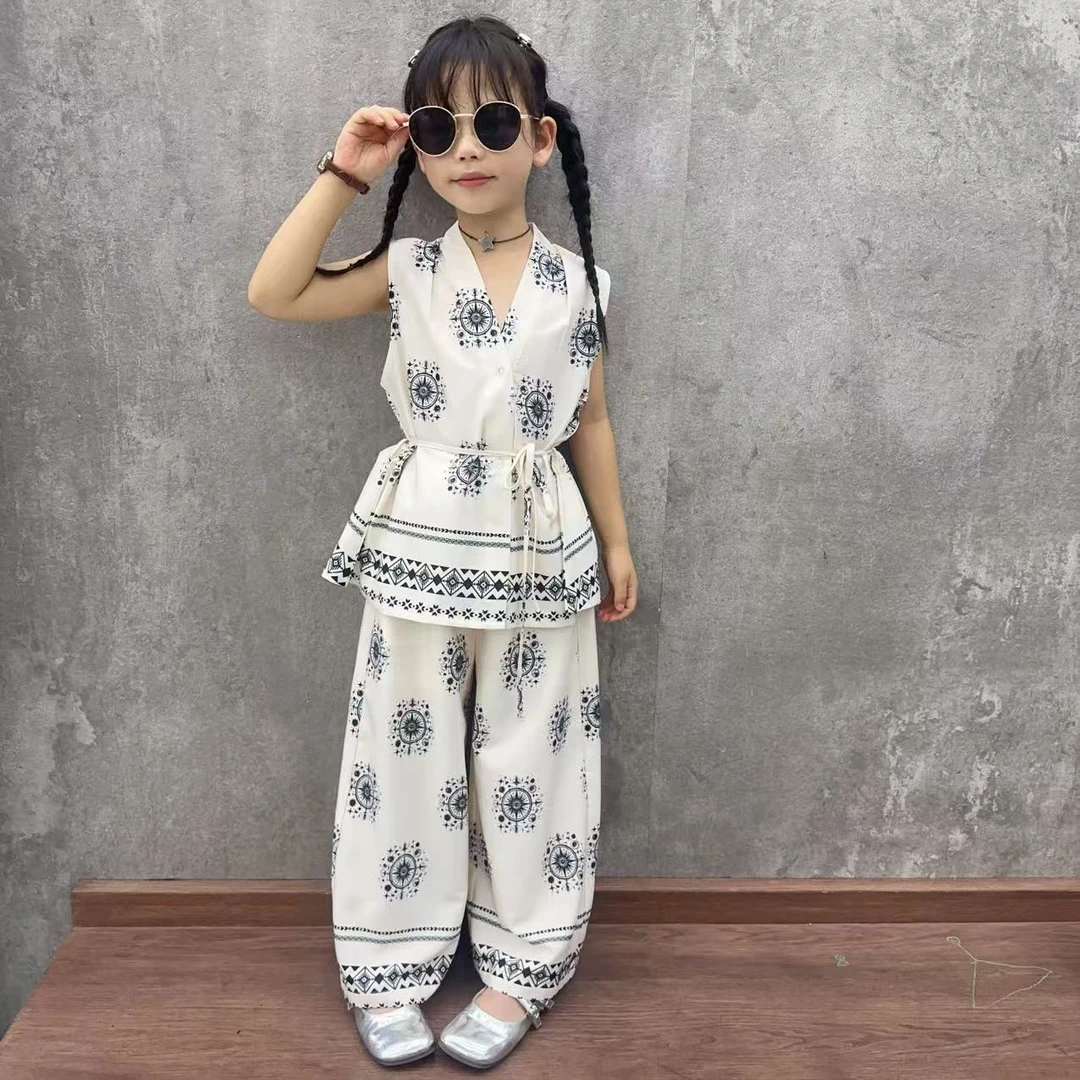 2025女童夏季新款民族风时尚套装印花短袖复古套装迷彩风极简风清