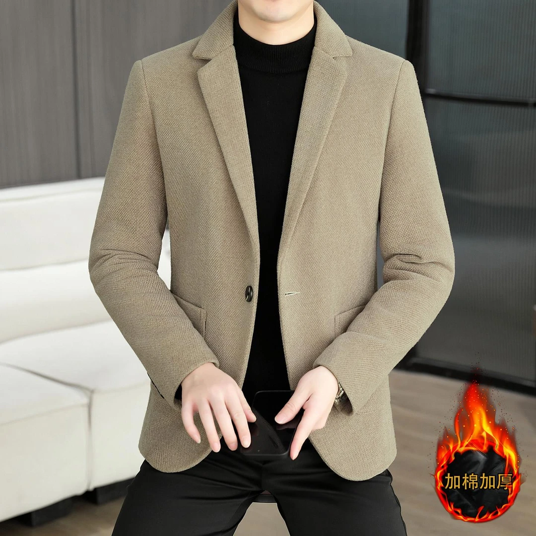 男士西装外套男款冬季新款韩版修身加棉加厚休闲毛呢外套男装西服