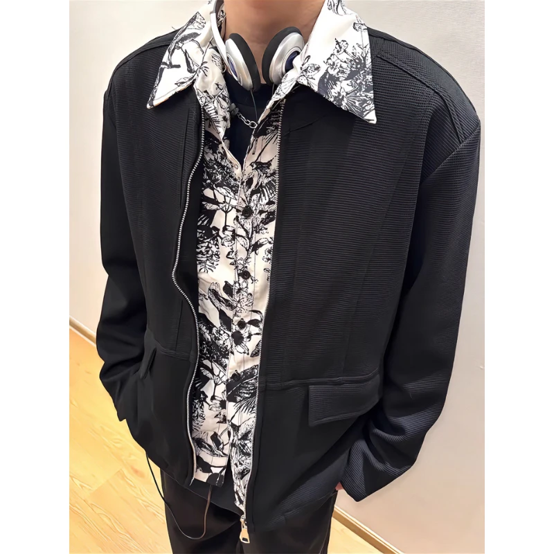 水墨画内衬假两件外套男款秋季新中式国风上衣短款拼接高级感夹克