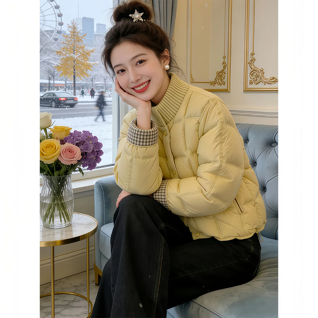 韩系奶呼呼浅蓝色针织拼接棉服外套女2025冬季新款高级感保暖棉衣