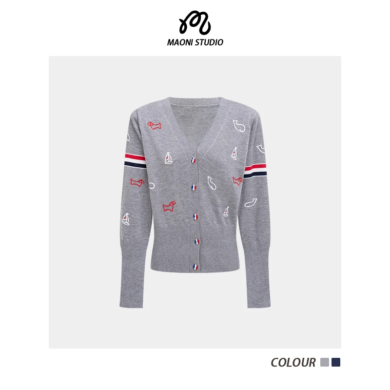 毛妮LADIESFIRST【清新复古】学院风针织开衫刺绣V领短外套L2326