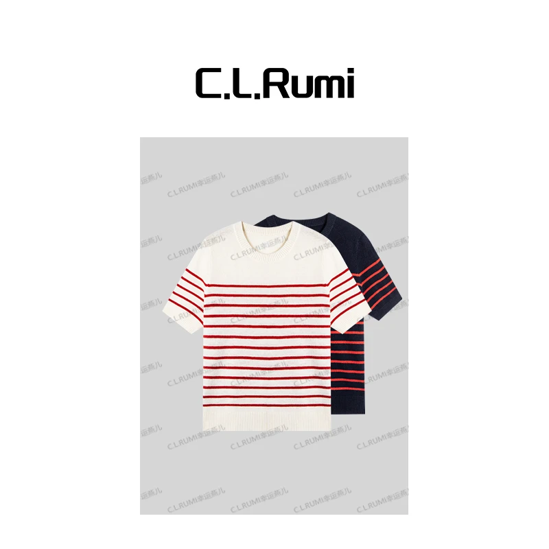 【rumi小店】“絮语”25早秋羊毛软糯显瘦条纹圆领短袖针织上衣7108sy