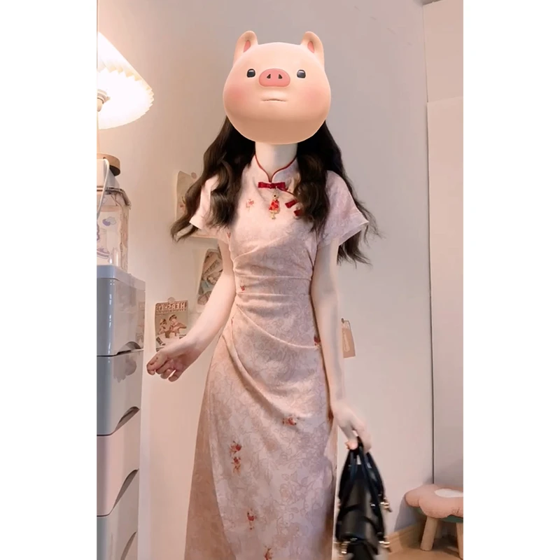 设计感立领连衣裙女2025夏季新款新中式盘扣收腰短袖碎花旗袍裙子