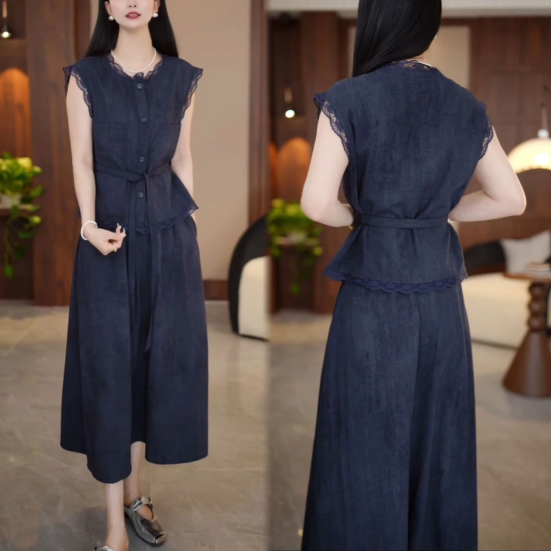 韩系穿搭2025夏装搭配一整套设计感蕾丝拼接上衣女半身裙两件套装