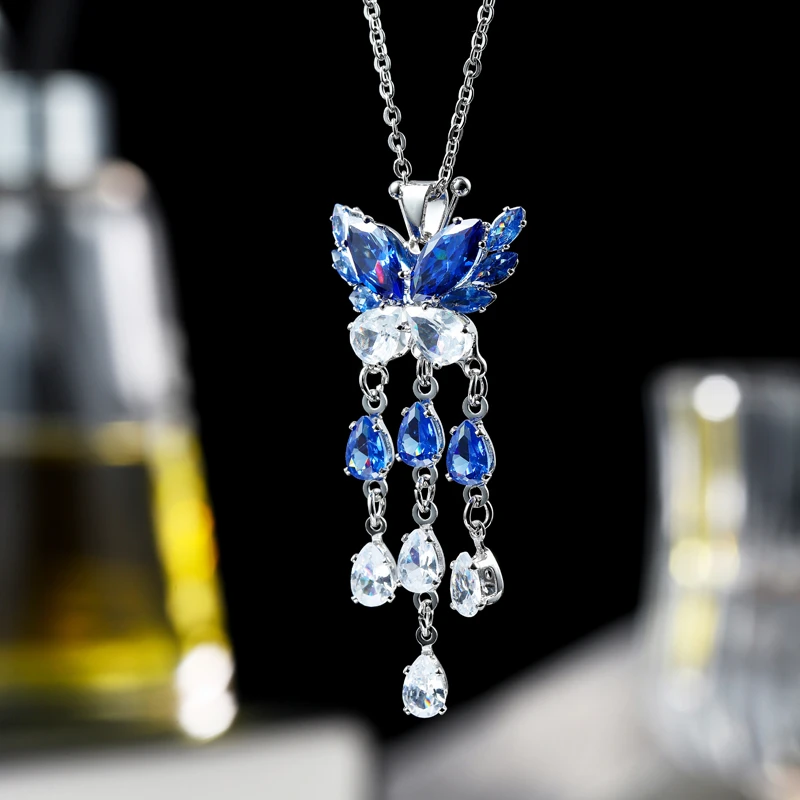 铜合金合成锆石耳饰 直播间蝴蝶流苏长款耳环项链锆石耳饰新款