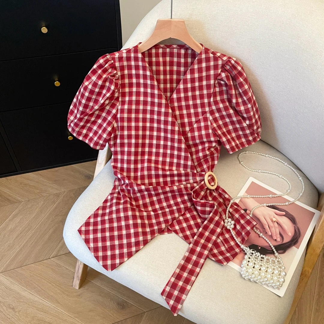 法式甜美红色格子短袖衬衫女夏季设计感蝴蝶结绑带收腰上衣潮