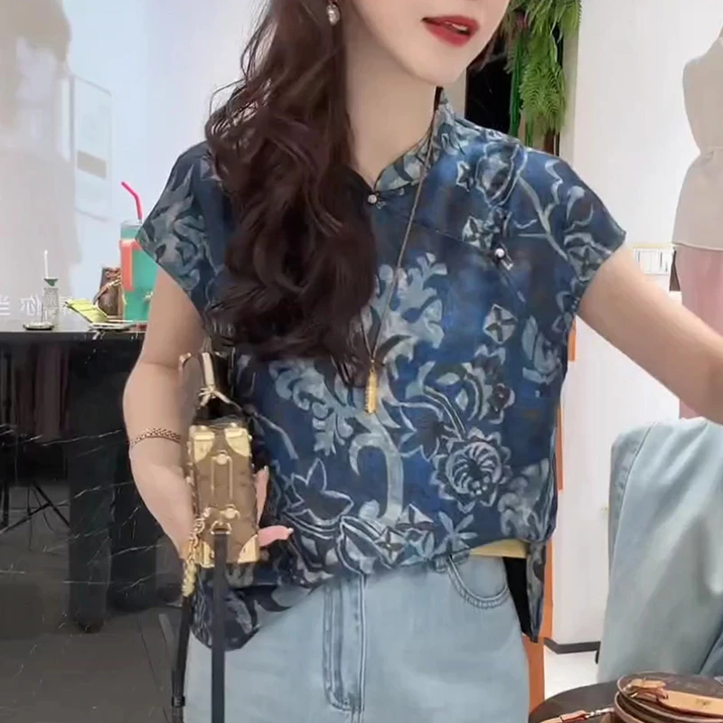 复古气质百搭修身印花衬衫女夏季2025时尚洋气时髦轻奢高级感上衣