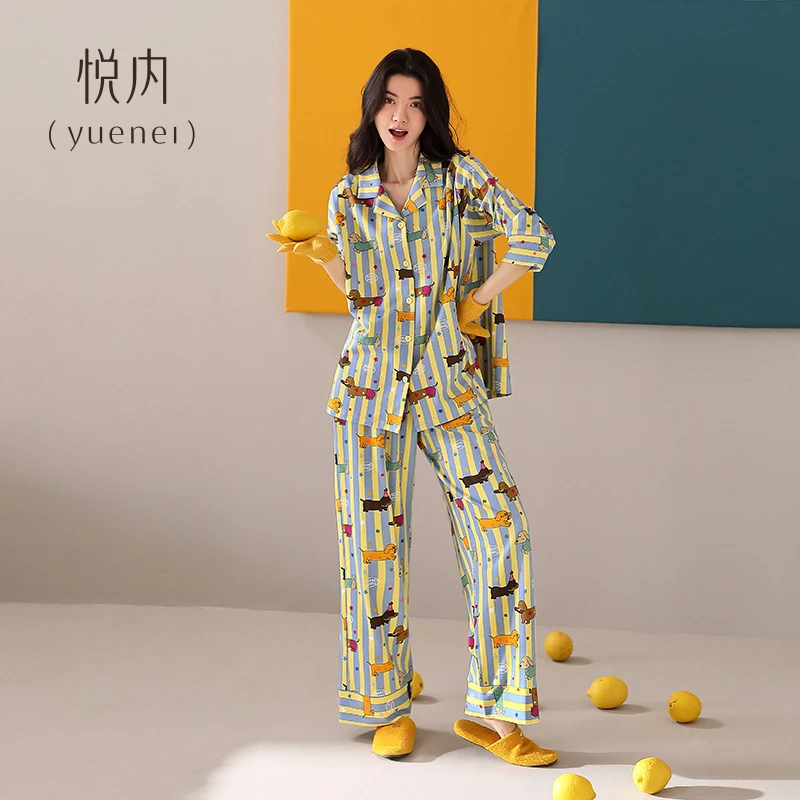 悦内睡衣女款春秋季纯棉长袖家居服大码条纹可爱卡通腊肠狗可外穿
