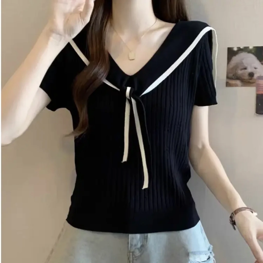 针织衫T恤女2025夏季爆款计感小众海军领减龄修身冰丝正肩上衣