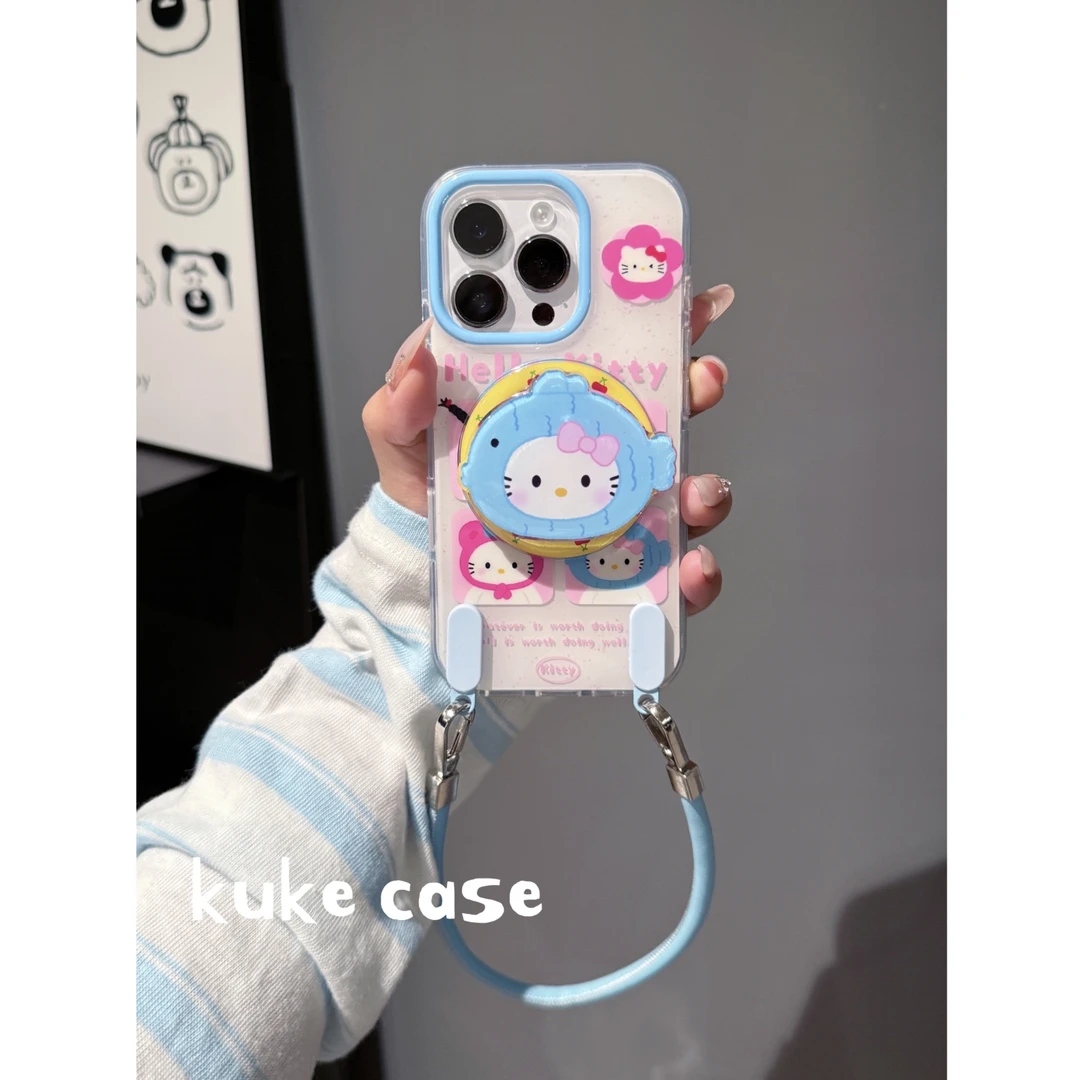 【适用苹果】ins可爱四宫格小鱼Kitty猫双层亮面磁吸手机壳iPhone