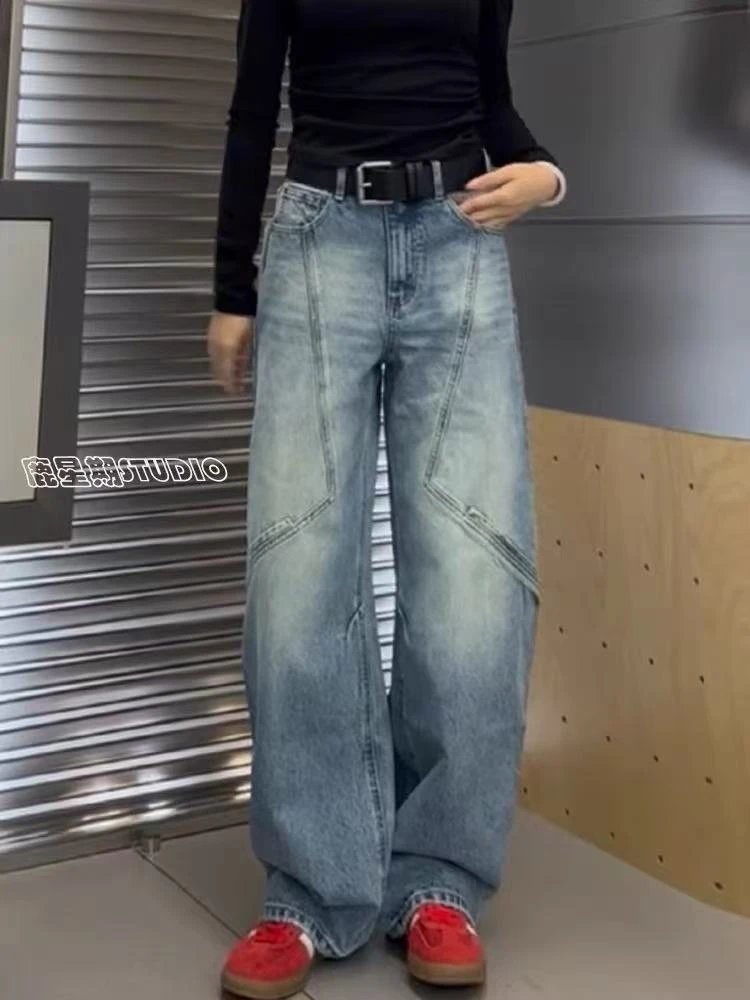 美式复古弯刀牛仔裤设计感高腰显瘦时尚阔腿裤#87030