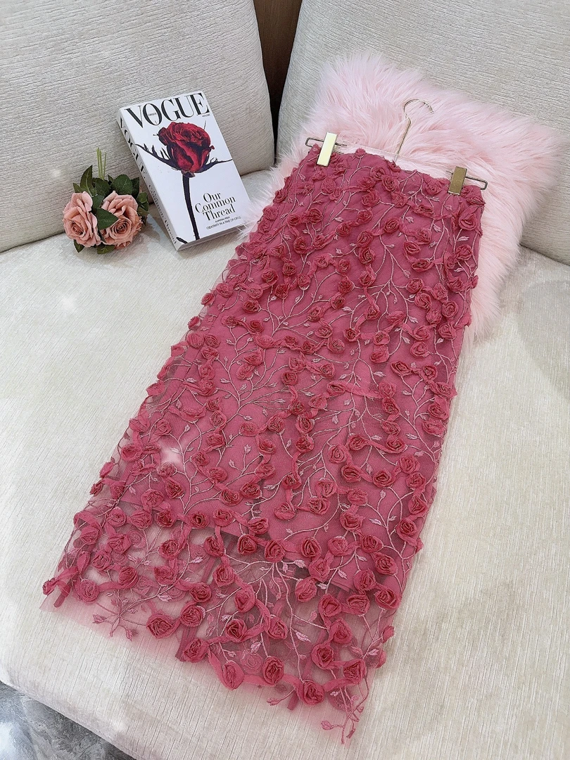 DC【桃粉记忆】长袖网红时尚休闲网刺绣玫瑰花女士半裙