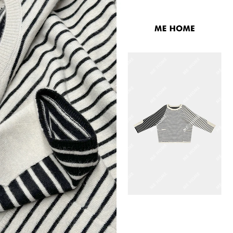 ME拼色条纹袖宽松时尚黑白百搭ins风韩版春季新款毛衣MEQC4080