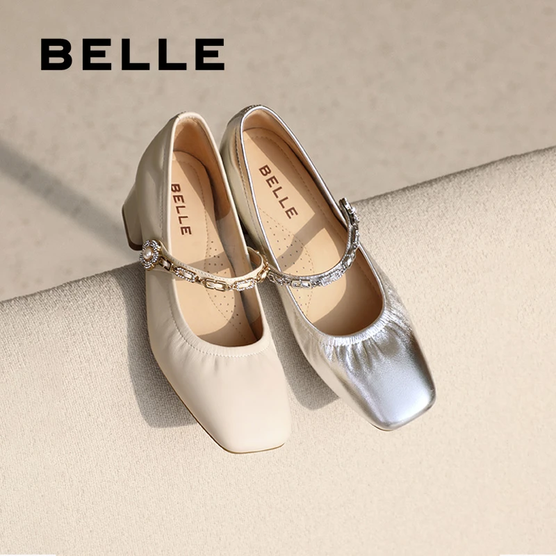 百丽法式玛丽珍鞋25春款浅口真皮粗高跟单鞋D4A1DAQ5