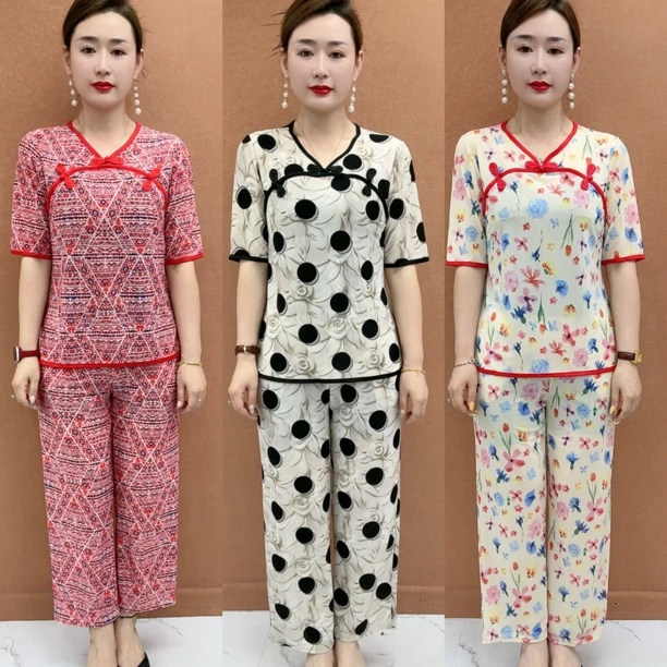 夏季V领套装网红复古民族风上衣+9分阔腿裤两件喜庆民族舞蹈服