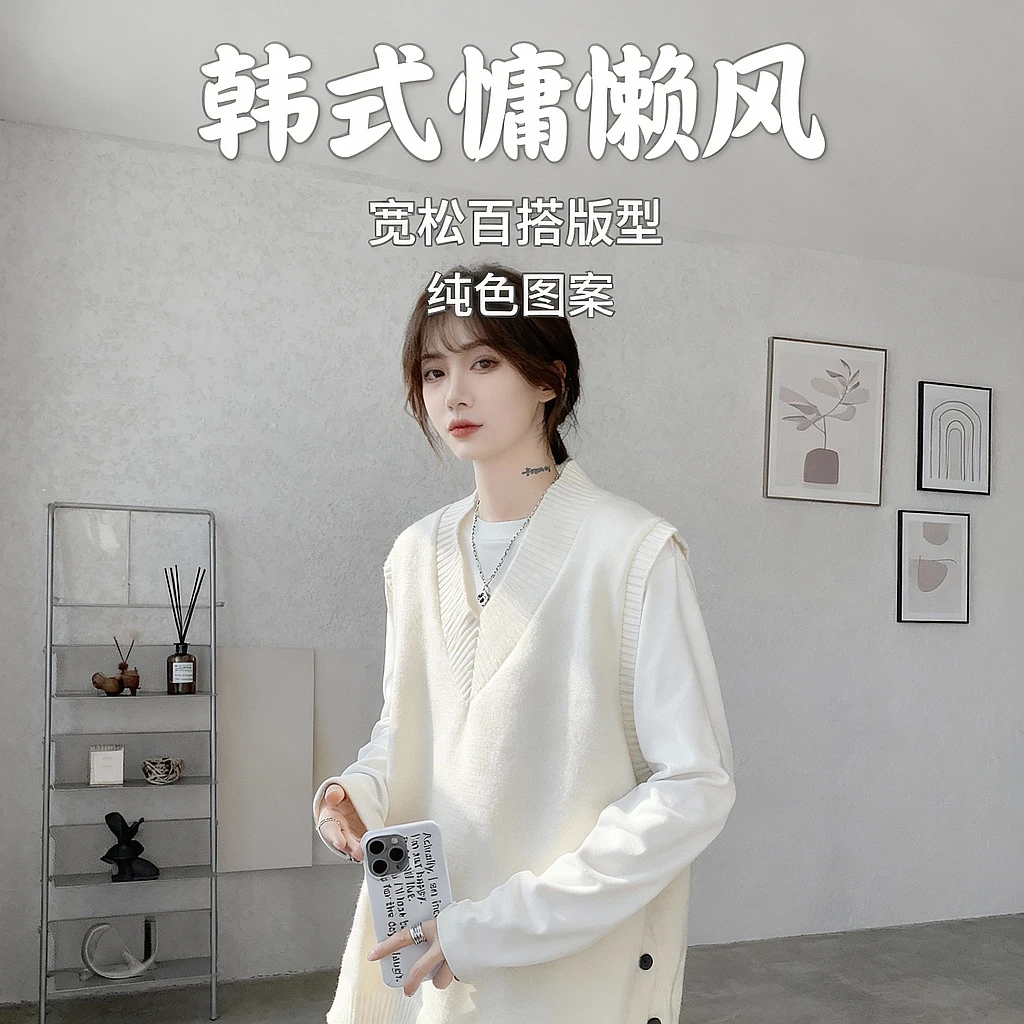 慵懒风坎肩v领马甲毛衣男潮流叠穿背心上衣宽松百搭休闲无袖卫衣