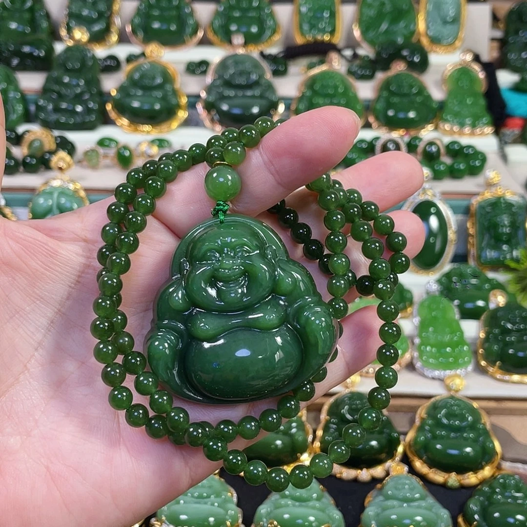 颈饰18K金镶嵌和田玉（碧玉）阳绿佛公50