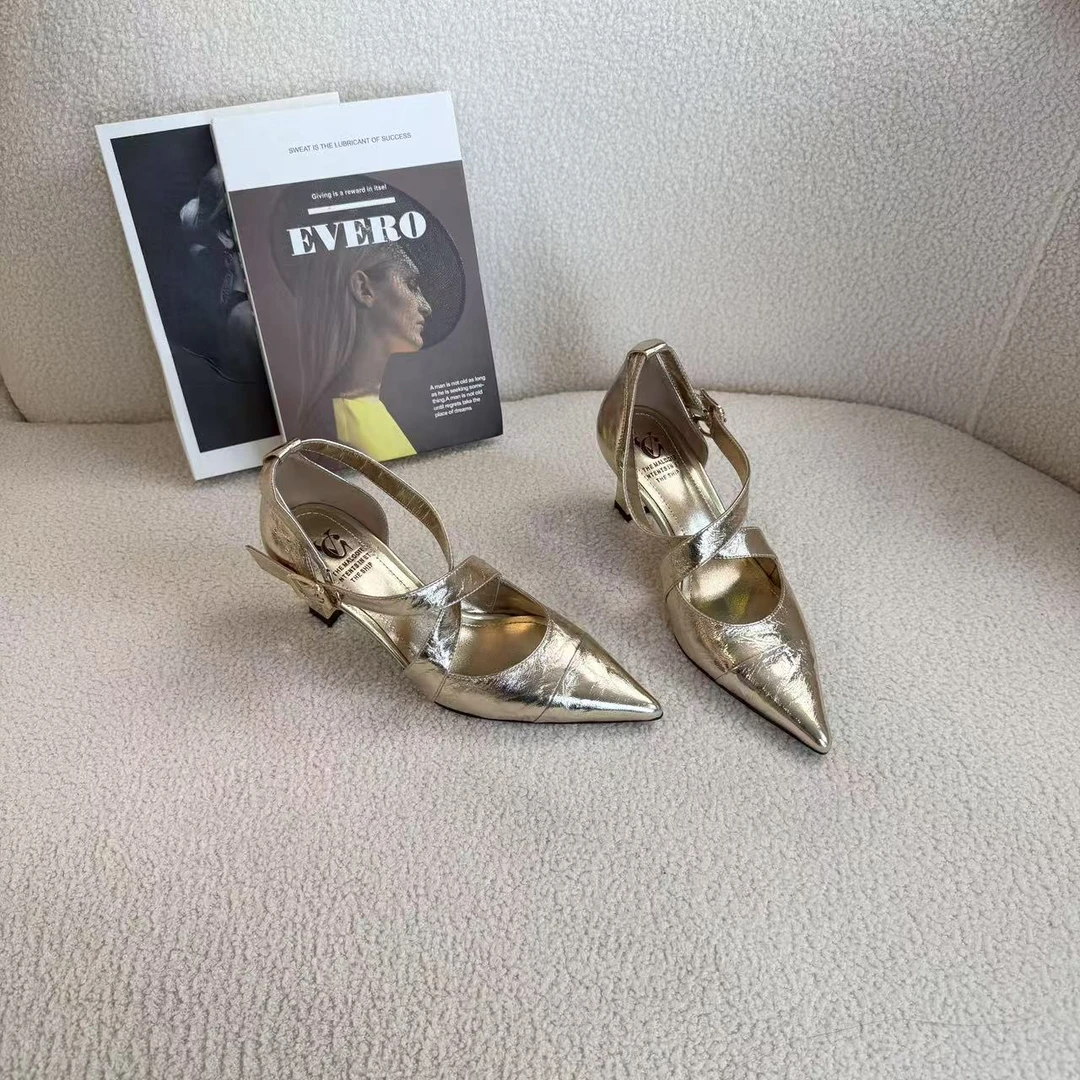 范戈希跟高7CM尖头绑带交叉气质夏季百搭春夏真皮凉鞋女买1赠3