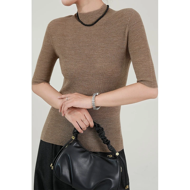 【甄织澜】精纺100%羊毛半高领羊毛衫【鱼骨纹中袖】中袖打底衫1101