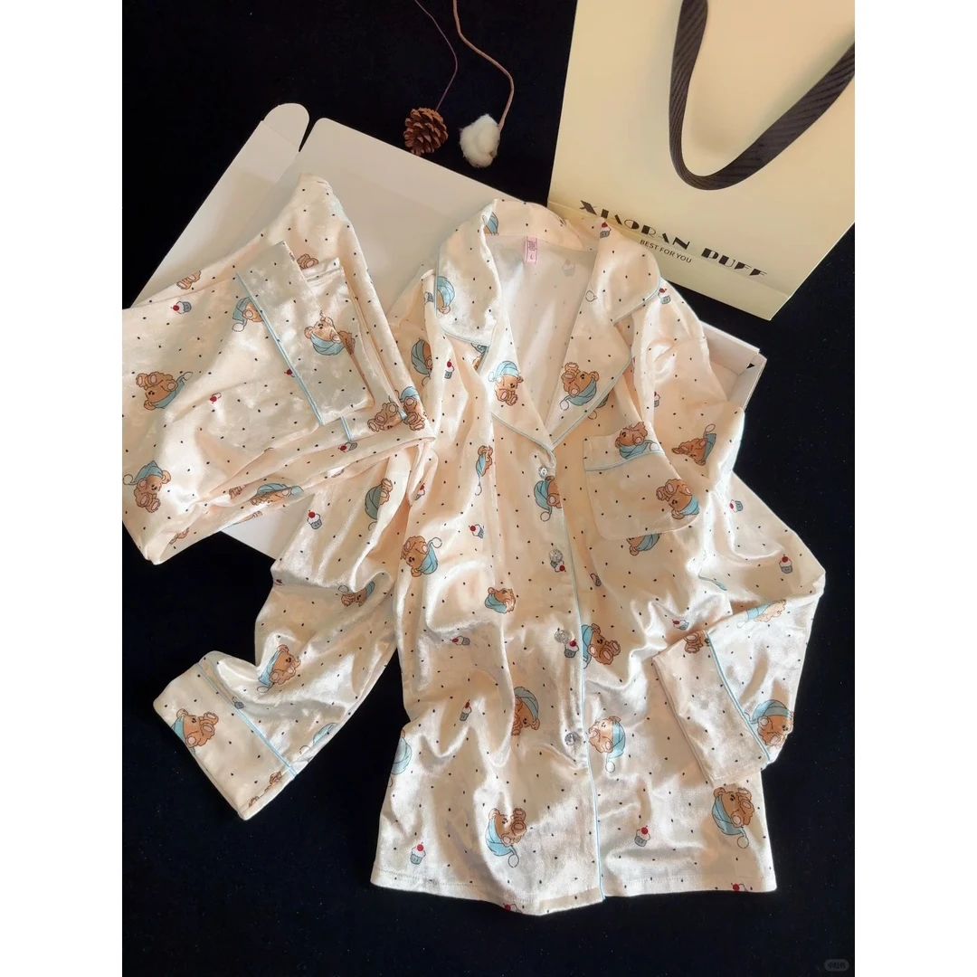 甜美卡通小熊金丝绒睡衣女款冬季款毛绒家居服保暖套装女生