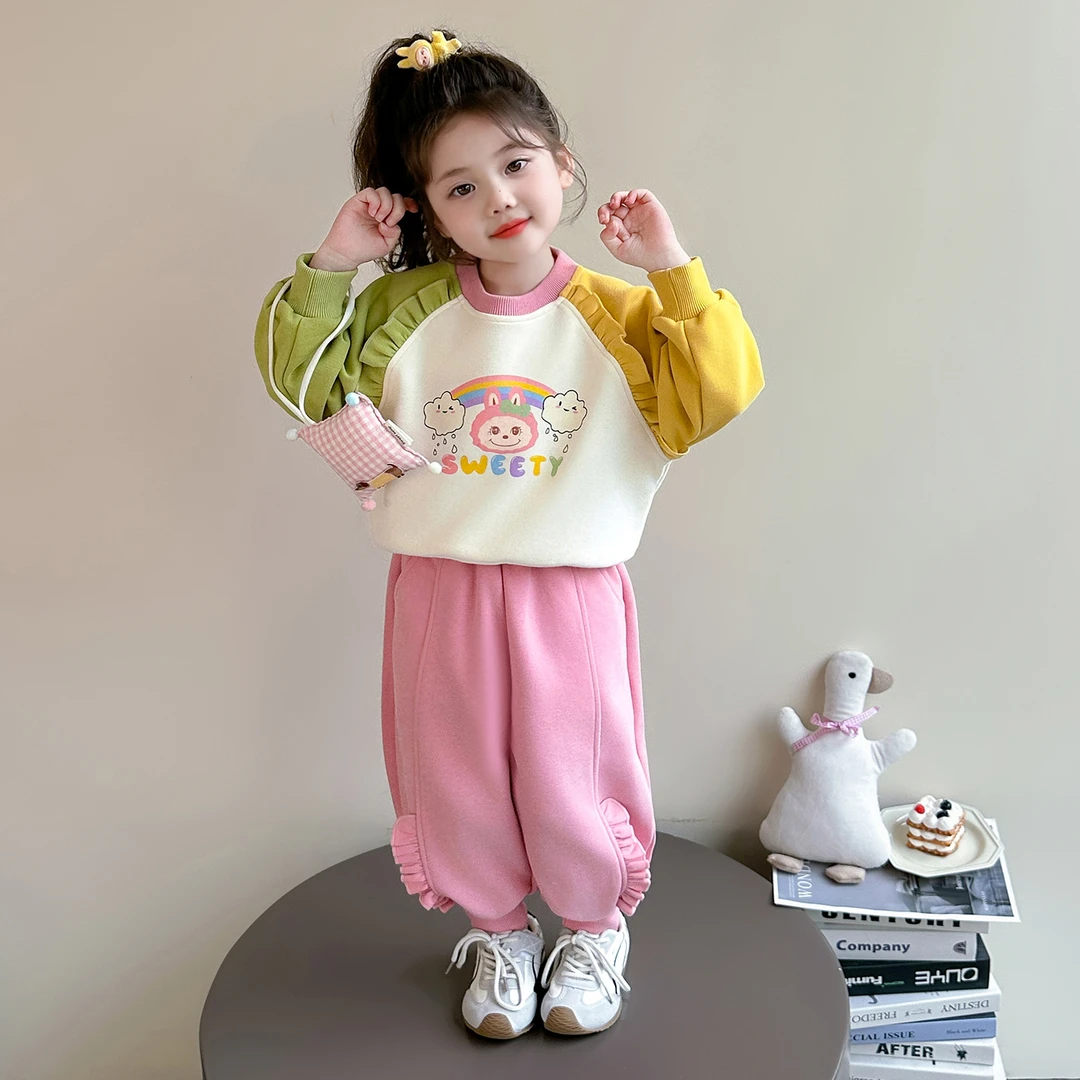 女童拼色拉布布套装洋气春秋款小女孩网红女宝宝花边卫衣两件套潮