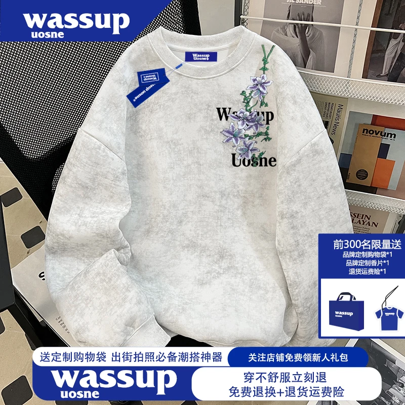 WASSUP UOSNE秋冬高级感花卉设计重磅圆领卫衣男女款潮牌加绒上衣