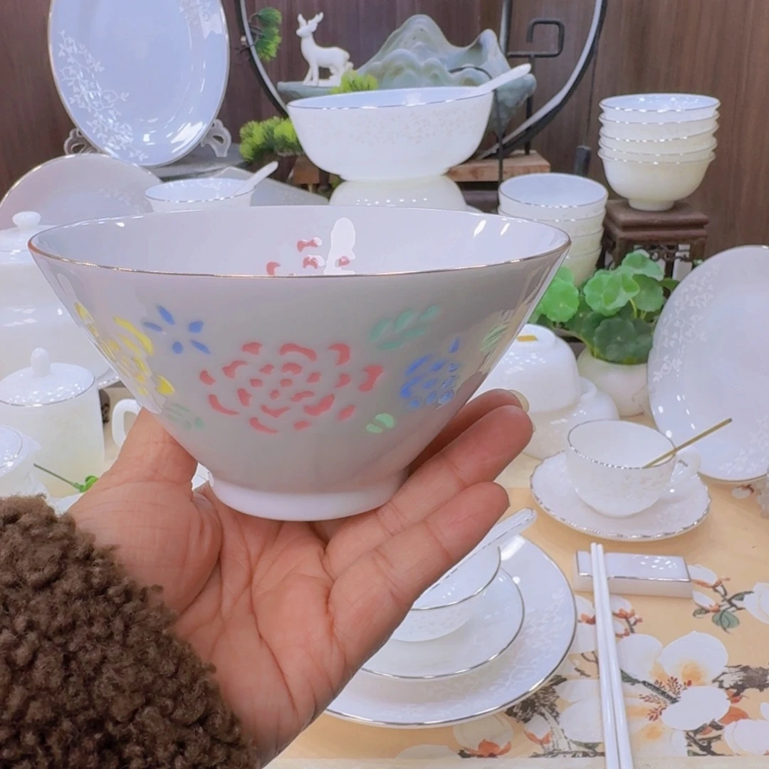 瓷景德镇五彩玲珑瓷米饭碗面碗各一个