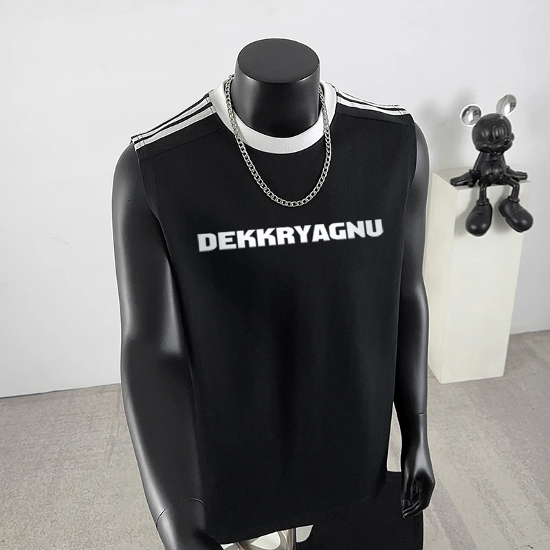 jtrt休闲字母印花纯棉坎肩背心男夏季潮牌宽松运动健身三条杠上衣