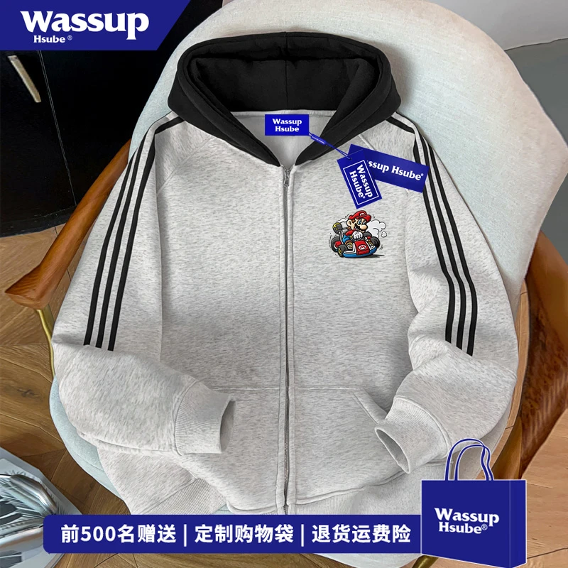WASSUP HSUBE趣味卡通图案印花三条杠外套男女秋冬拼接开衫卫衣服