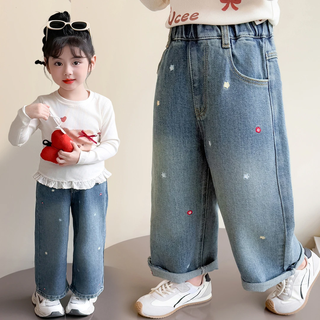 44女童小花花牛仔阔腿裤