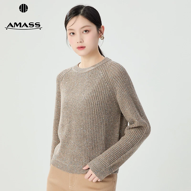 阿玛施AMASS轻奢优雅插肩袖廓形珠片质感圆领针织长袖上衣5399756